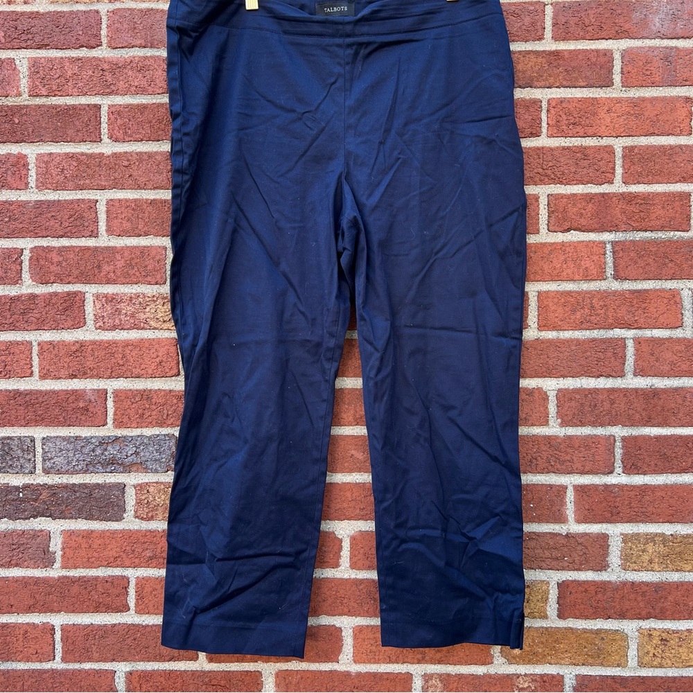 Talbots Heritage Pants Navy Blue Pull on Side Zip Career Work Business Size 16